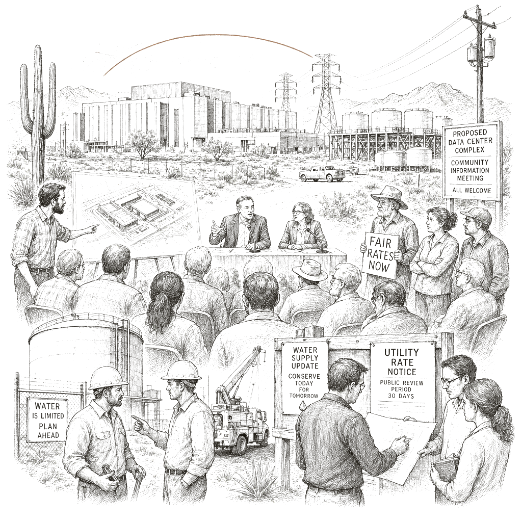 Illustration accompanying article: Southern Arizona data centers advance as fights over power, water and rates