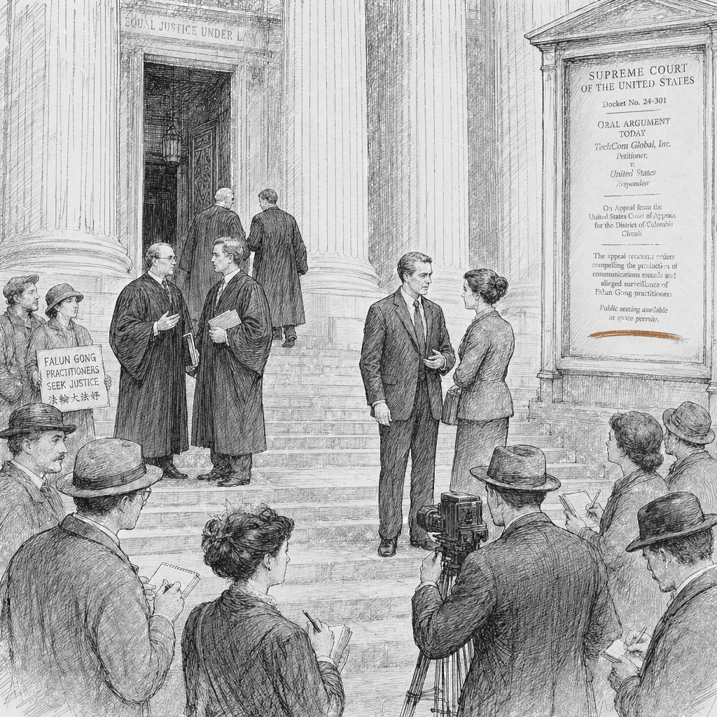 Illustration accompanying article: Supreme Court to take up Cisco's bid to shut down Falun Gong surveillance