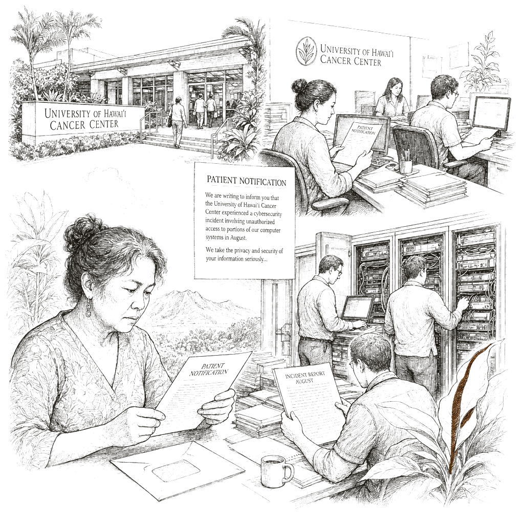 Illustration accompanying article: University of Hawaii Cancer Center hit by ransomware; patient notification