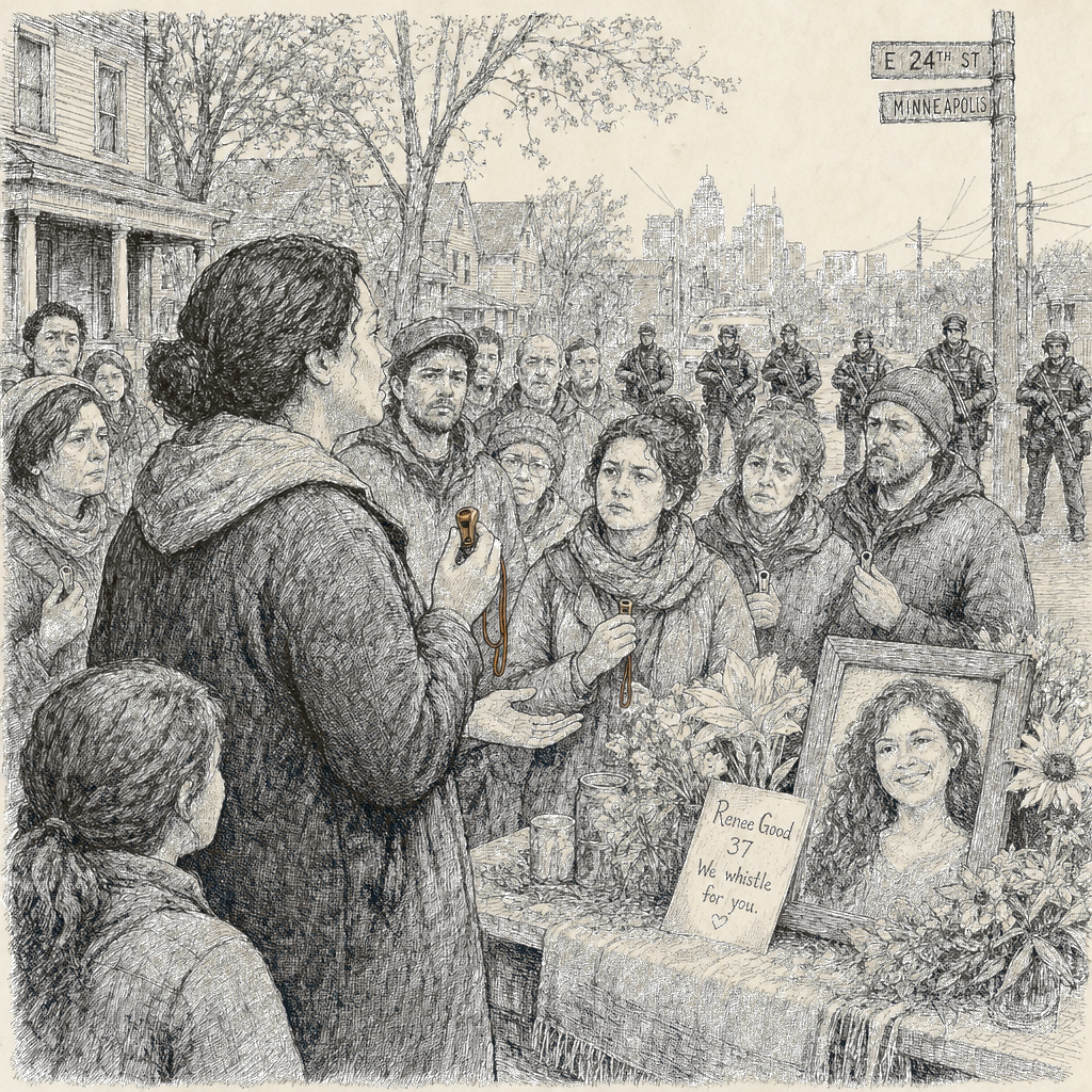 Illustration accompanying article: Wife of woman killed by ICE agent in Minneapolis: 'We had whistles. They had guns'
