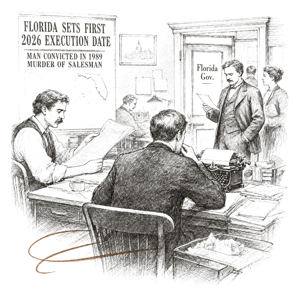 Illustration accompanying article: Florida schedules first 2026 execution for man convicted in 1989 salesman