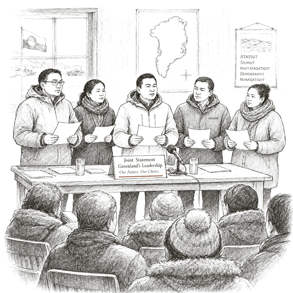 Illustration accompanying article: Greenland's party leaders reject Trump's push for US control of island