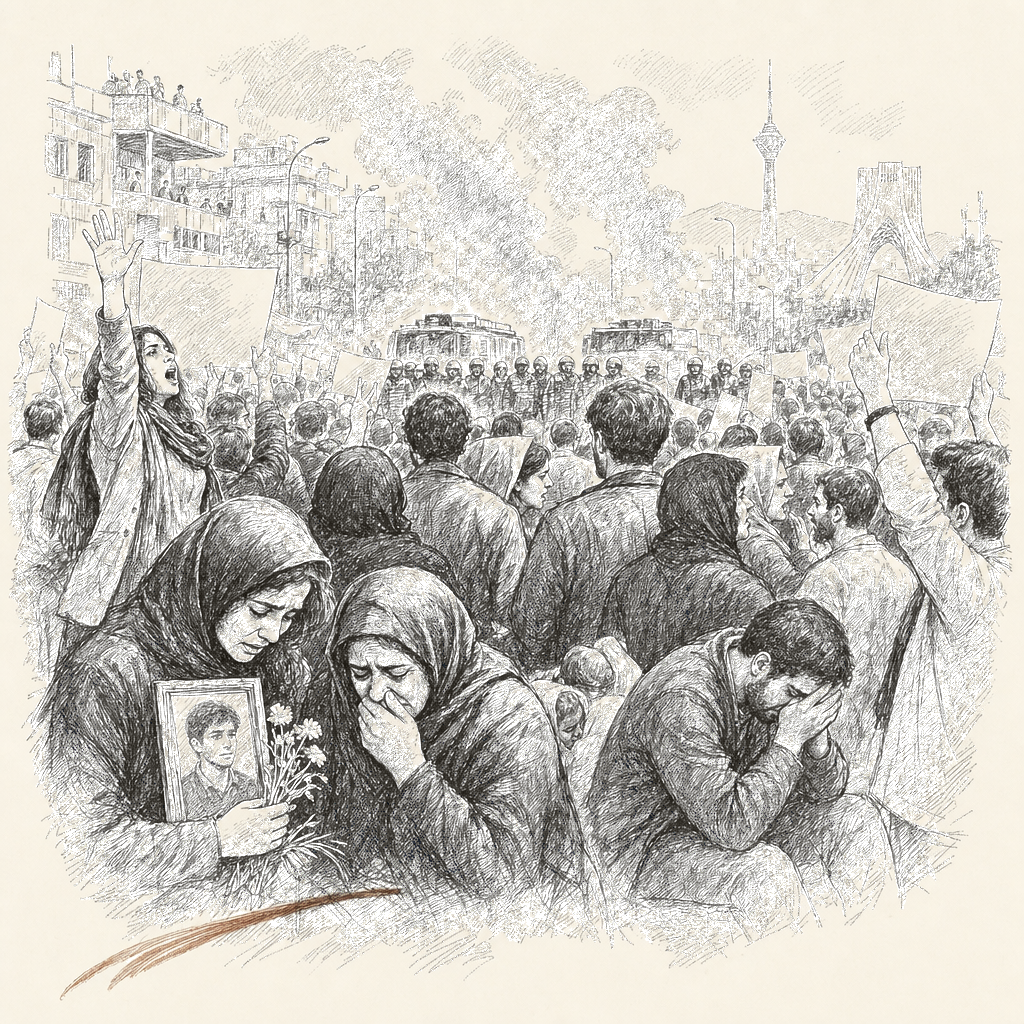 Illustration accompanying article: Iran protest death toll reaches 116 as attorney general warns of death penalty