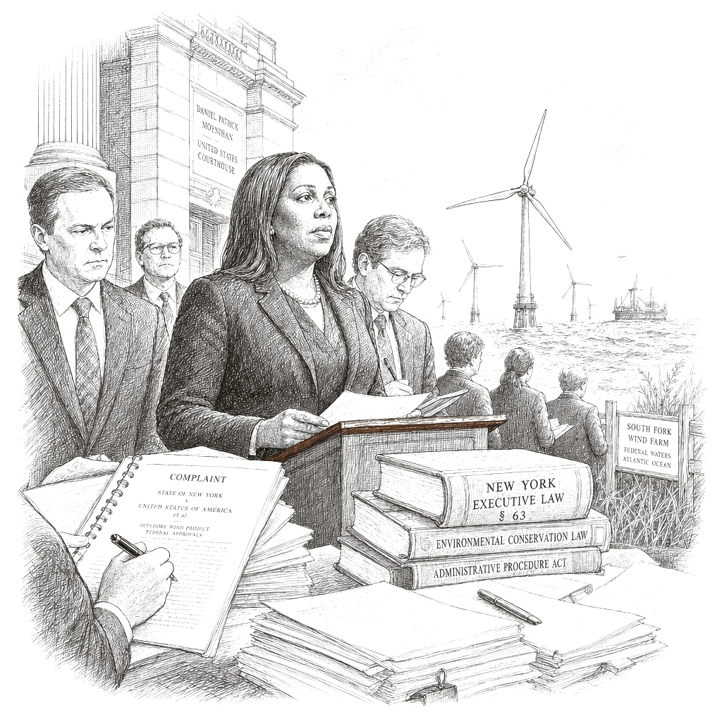 Illustration accompanying article: New York attorney general sues Trump administration over offshore wind project
