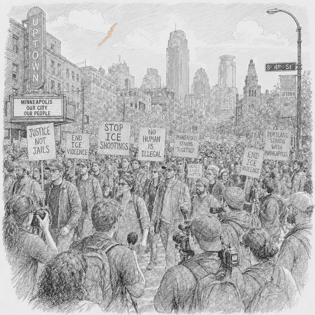 Illustration accompanying article: Thousands march across US after ICE shootings in Minneapolis, Portland