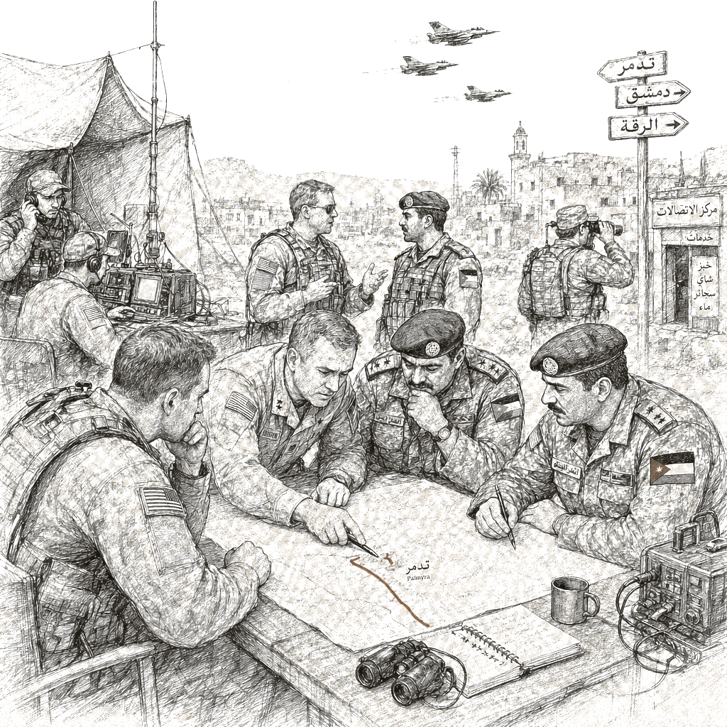 Illustration accompanying article: US and Jordan strike IS targets across Syria in Palmyra ambush retaliation