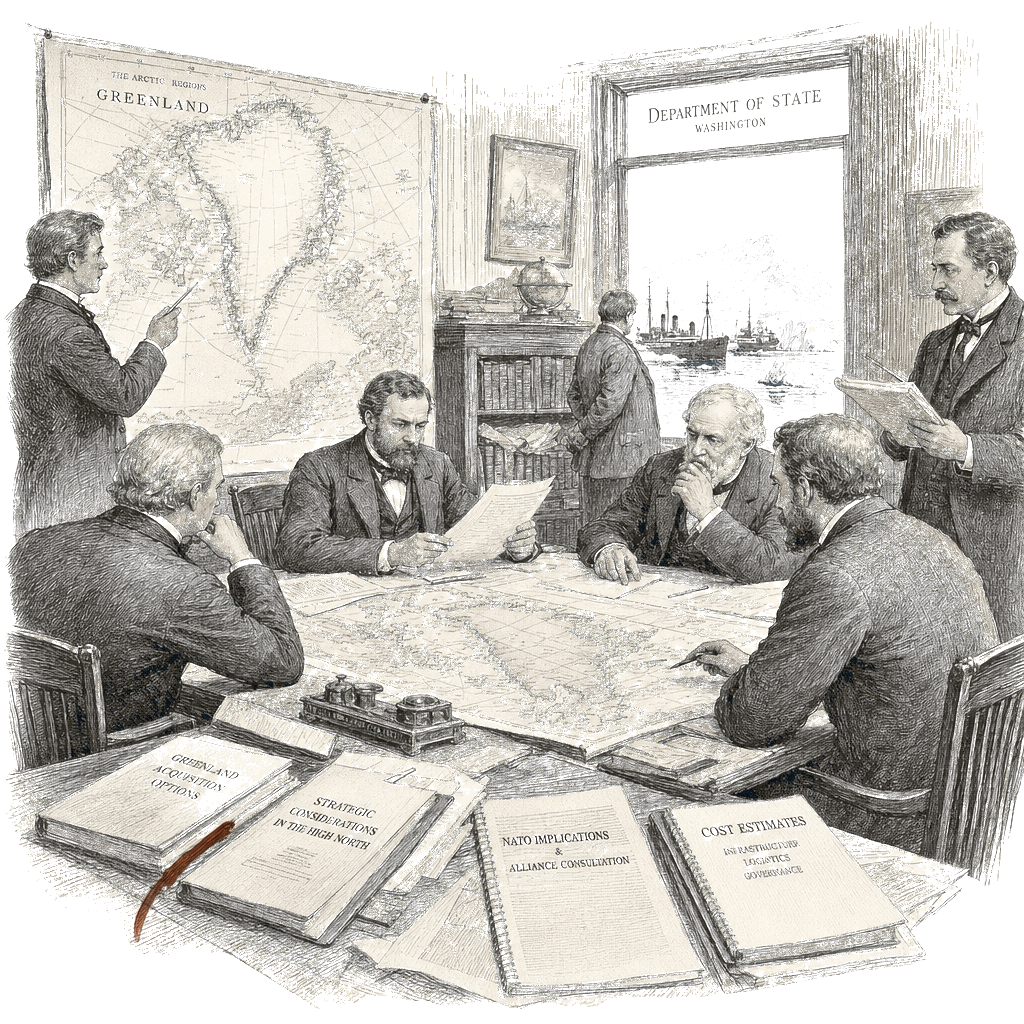 Illustration accompanying article: US weighs Greenland acquisition options as experts warn of NATO risks and steep costs