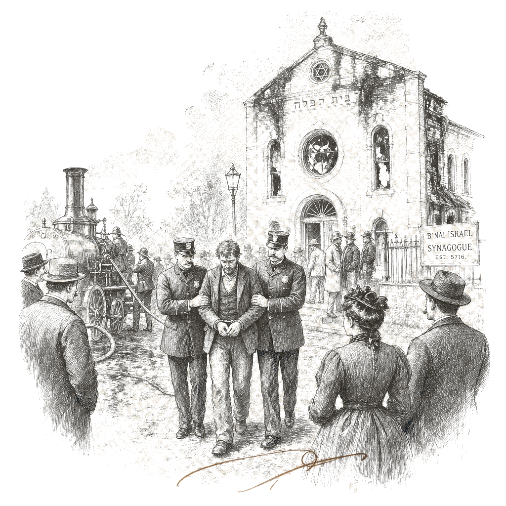 Illustration accompanying article: Arson suspect arrested after fire damages historic Mississippi synagogue