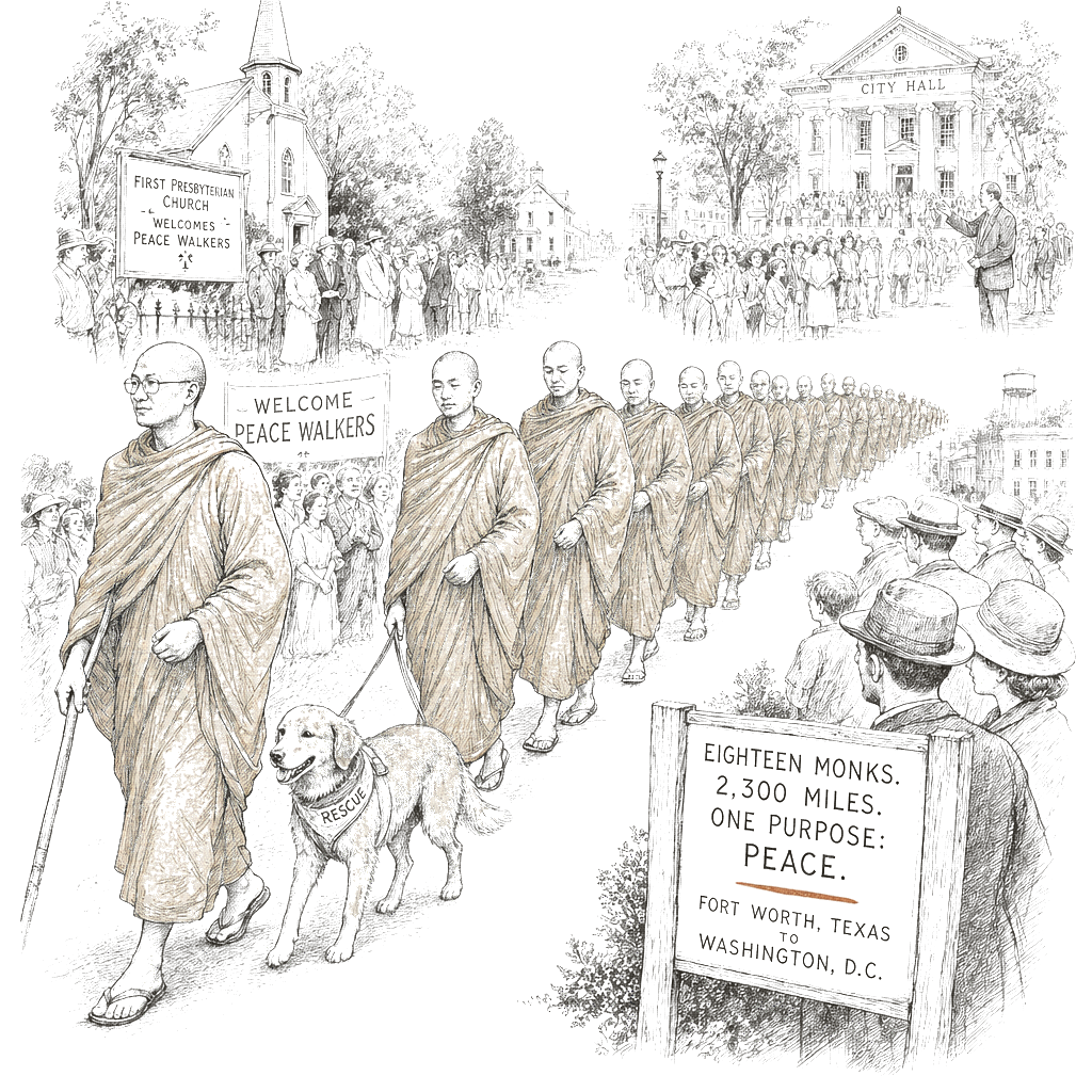 Illustration accompanying article: Buddhist monks and rescue dog draw thousands across the South on 2,300-mile peace walk