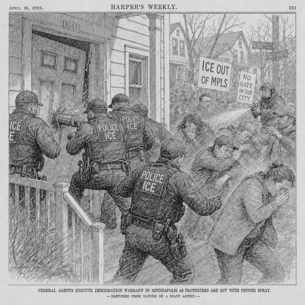 Illustration accompanying article: Federal agents ram Minneapolis door, pepper-spray protesters in immigration sweep