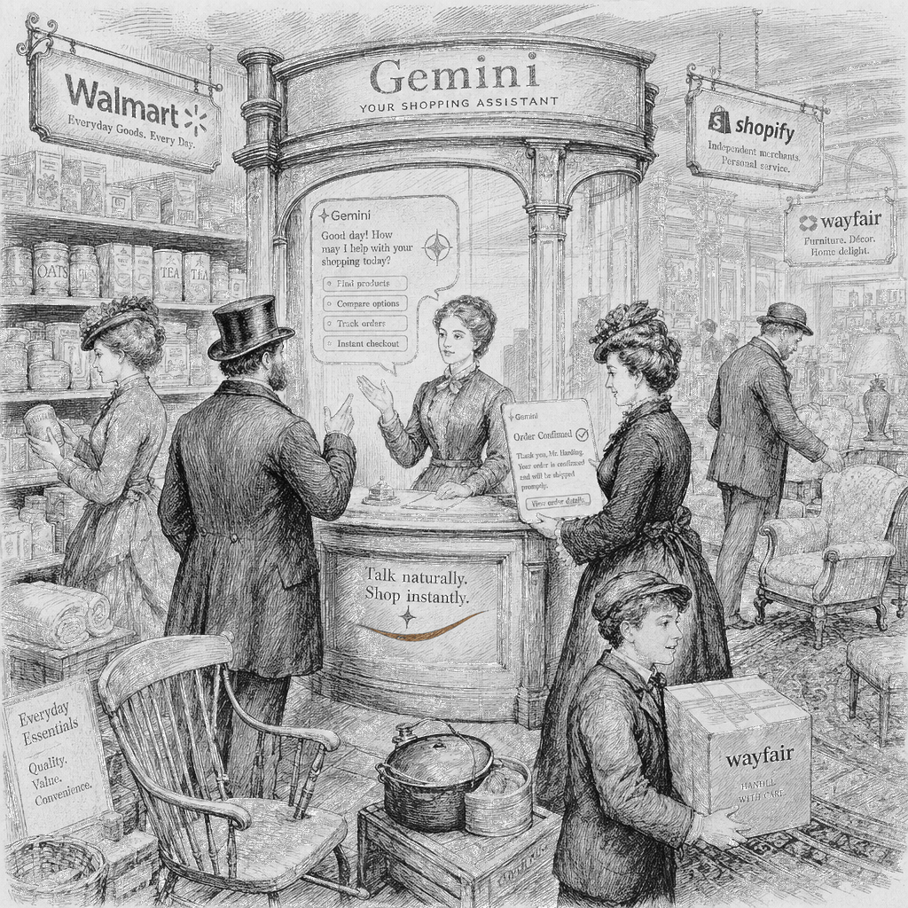 Illustration accompanying article: Google's Gemini adds in-chatbot shopping with Walmart, Shopify, Wayfair