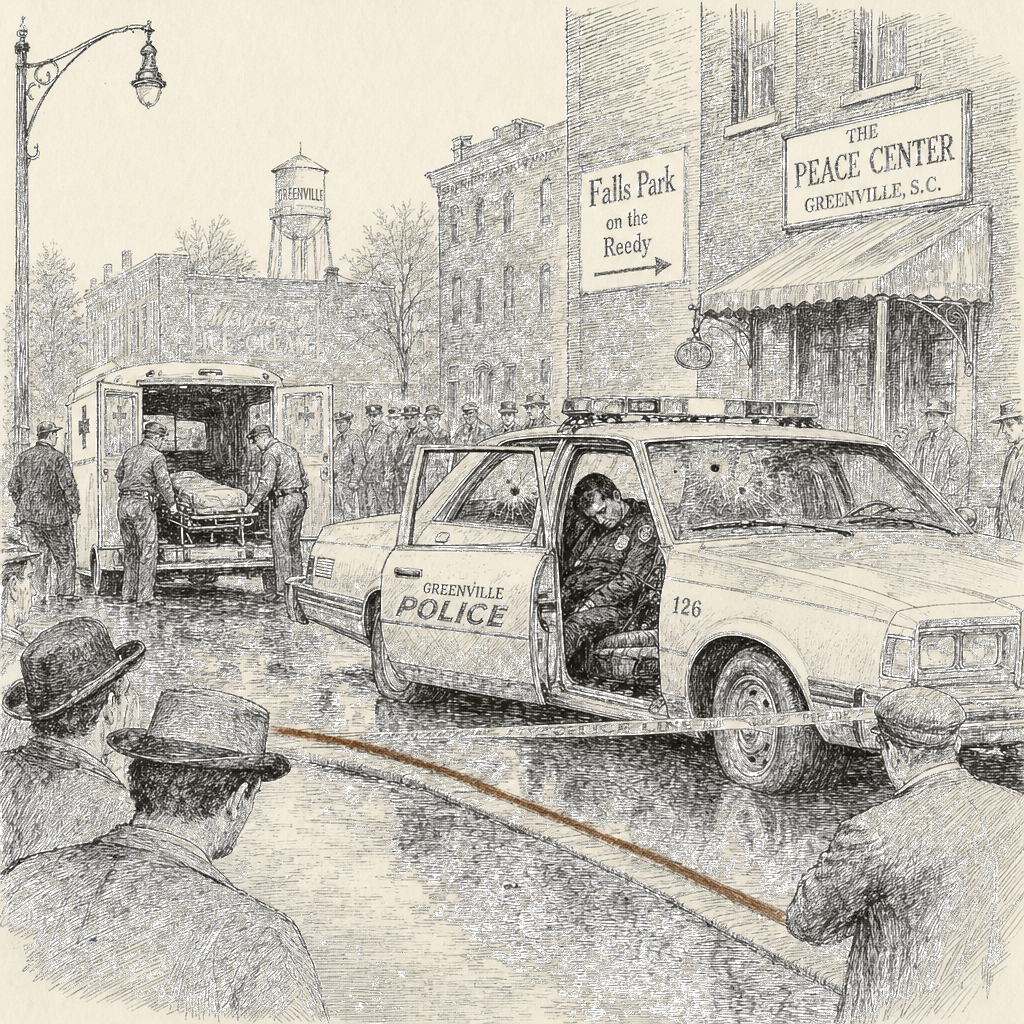 Illustration accompanying article: Greenville, S.C. officer shot in patrol car; suspect killed in shootout