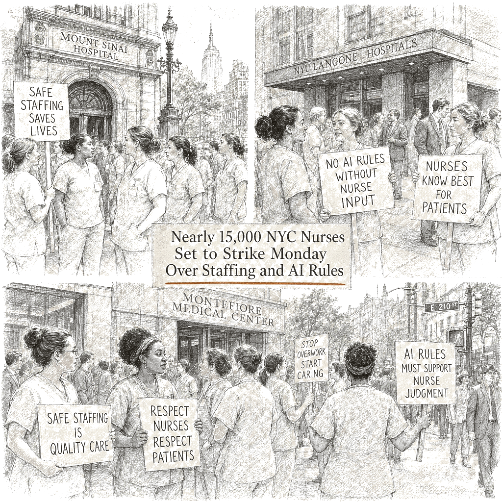 Illustration accompanying article: Nearly 15,000 NYC nurses set to strike Monday over staffing and AI rules