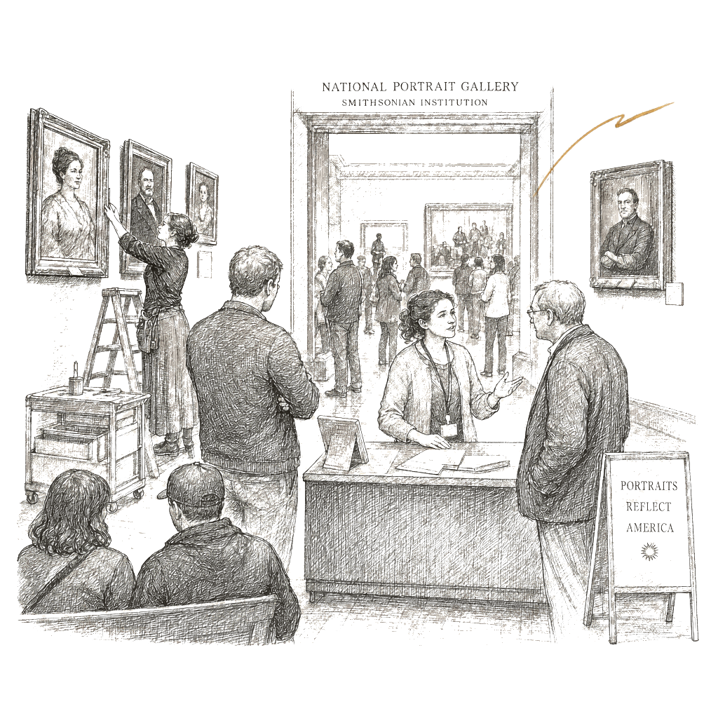 Illustration accompanying article: Smithsonian drops impeachment references from Trump portrait display
