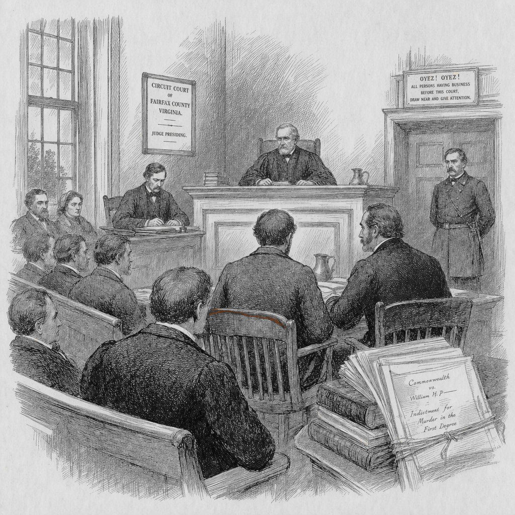 Illustration accompanying article: Virginia man goes to trial in double homicide; au pair pleaded guilty to