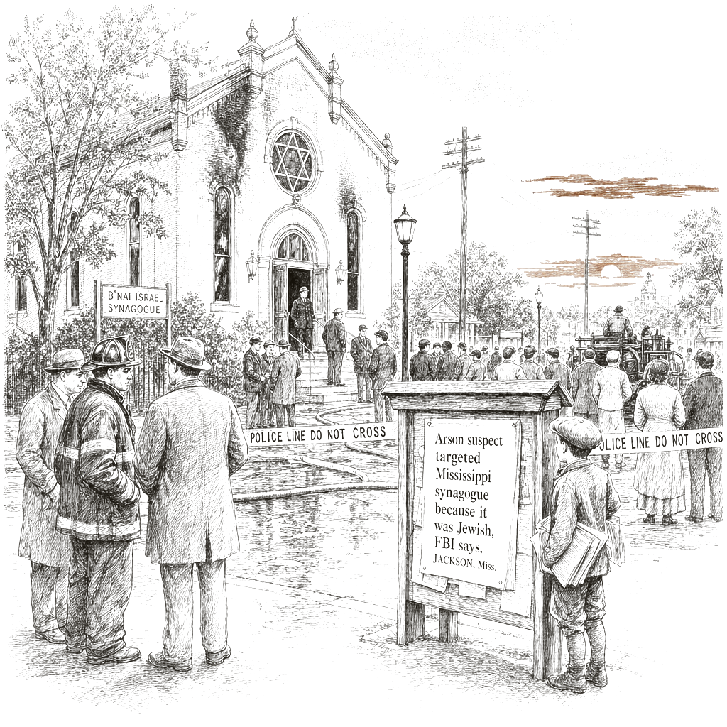 Illustration accompanying article: Arson suspect targeted Mississippi synagogue because it was Jewish, FBI says