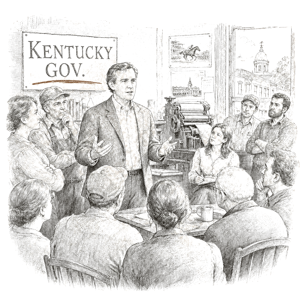 Illustration accompanying article: Beshear urges Democrats to lead with costs and authenticity in 2026 governor
