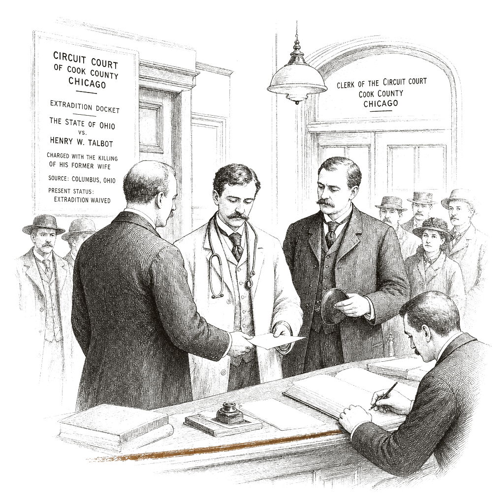 Illustration accompanying article: Chicago doctor waives extradition in killing of ex-wife, husband in Columbus