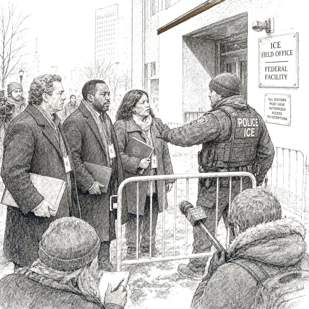 Illustration accompanying article: Congress members blocked from Minneapolis ICE facility after DHS reinstates