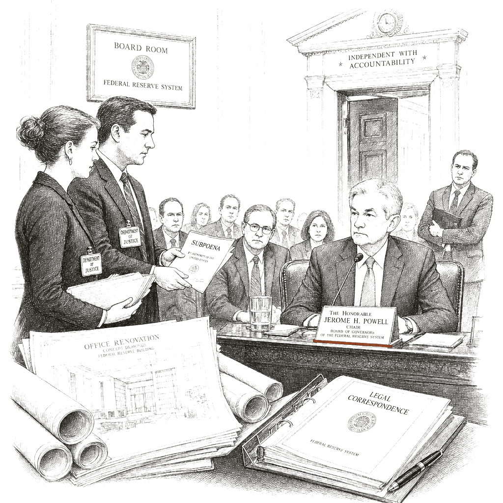 Illustration accompanying article: DOJ subpoenas Federal Reserve, threatens Powell with criminal indictment