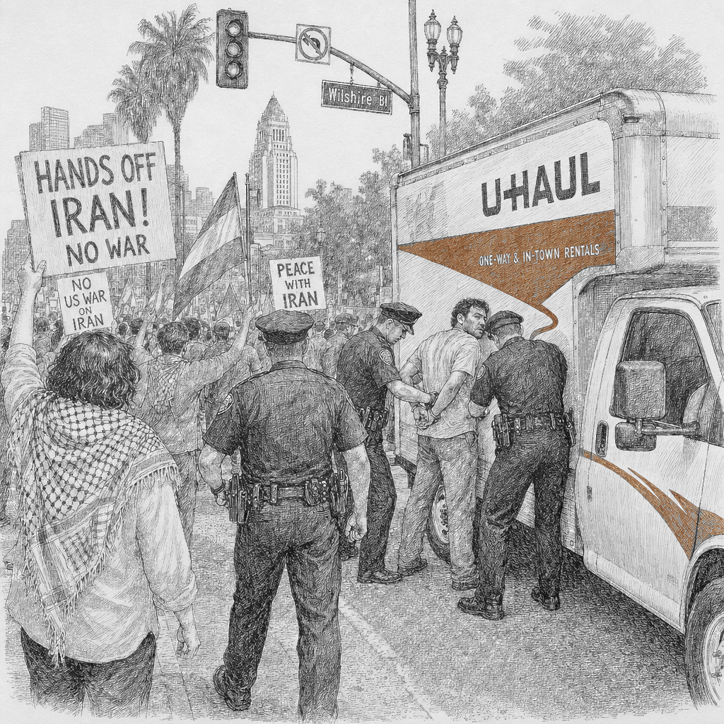 Illustration accompanying article: Driver detained after U-Haul speeds through Los Angeles march backing Iran
