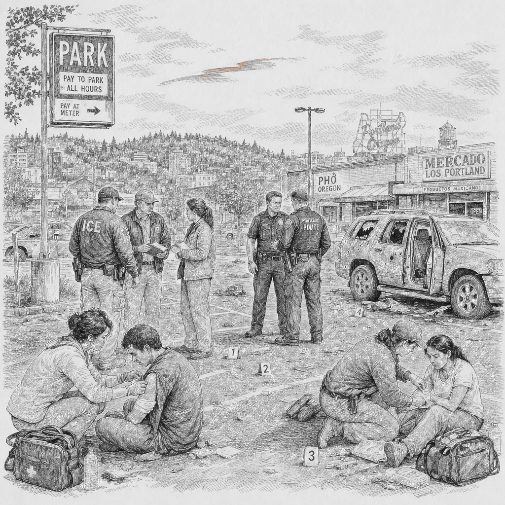 Illustration accompanying article: FBI finds no video of Border Patrol shooting that wounded two in Portland, Oregon