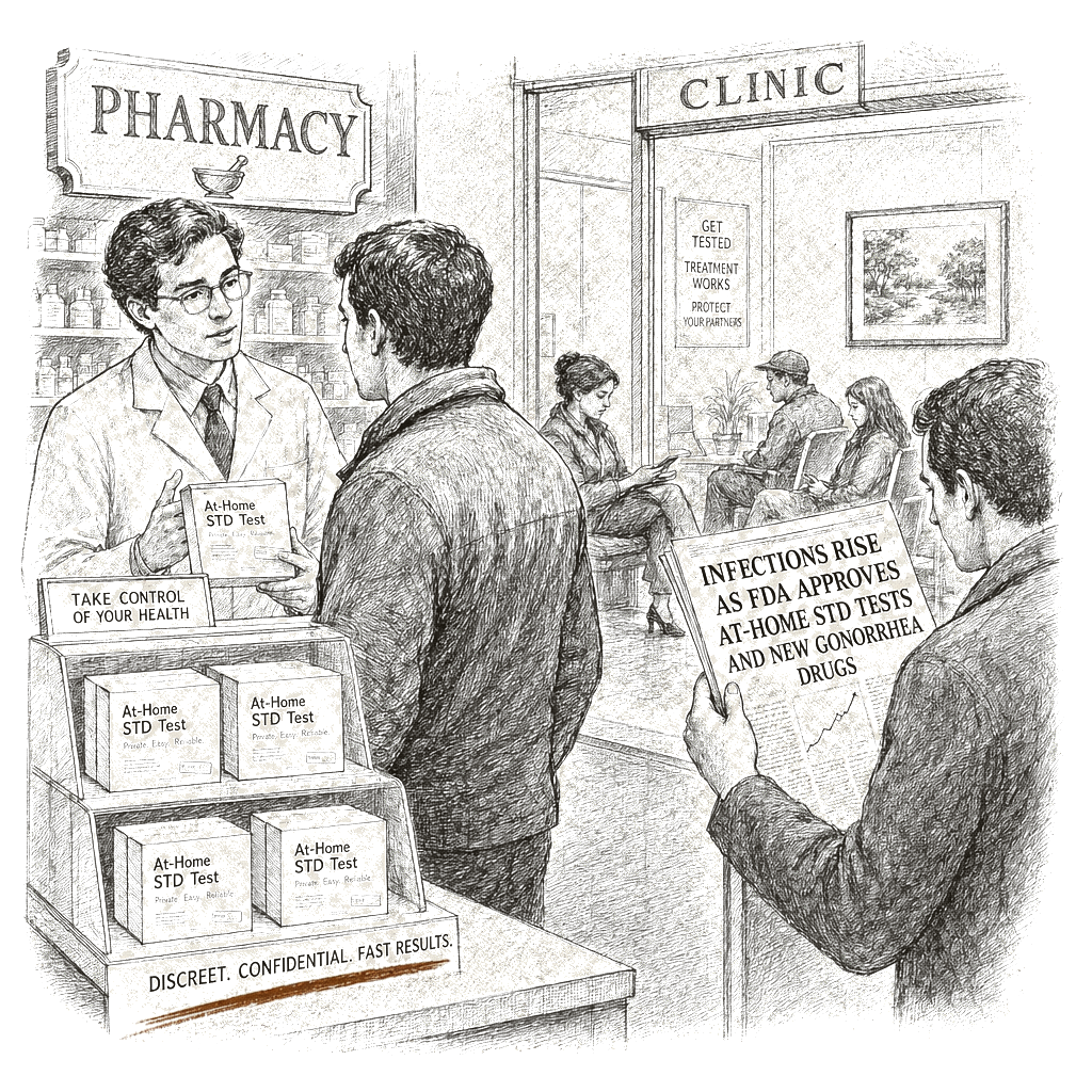 Illustration accompanying article: FDA approves at-home STD tests and new gonorrhea drugs as infection rates