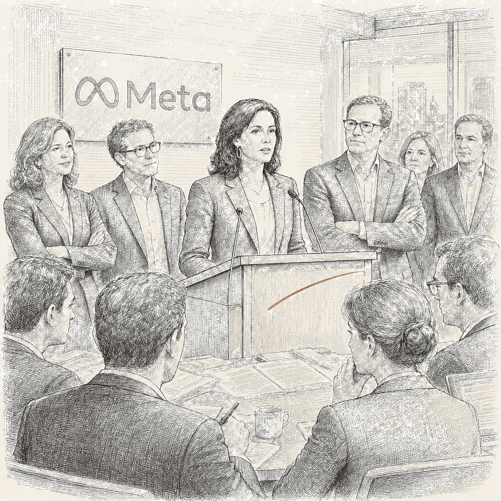 Illustration accompanying article: Meta names former Trump adviser Dina Powell McCormick president and vice