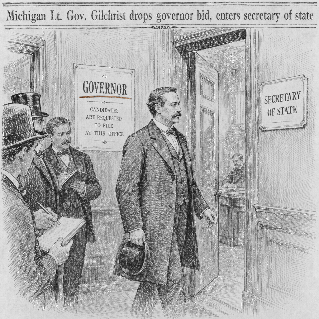 Illustration accompanying article: Michigan Lt. Gov. Gilchrist drops governor bid, enters secretary of state