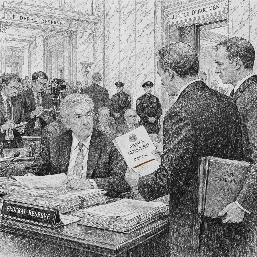 Illustration accompanying article: Trump administration targets political opponents; Powell and Fed the latest