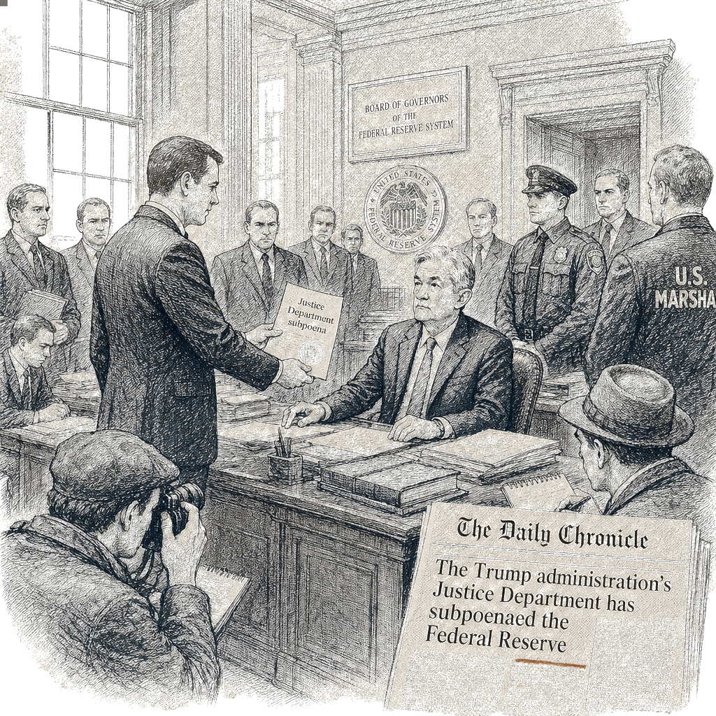 Illustration accompanying article: Trump DOJ subpoenas Federal Reserve, threatens Powell with criminal indictment