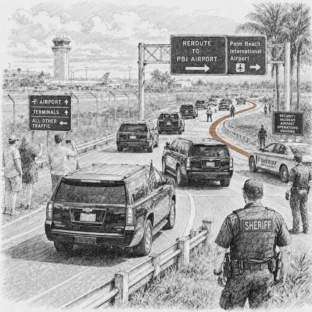 Illustration accompanying article: Trump motorcade rerouted in Florida after suspicious object found at airport