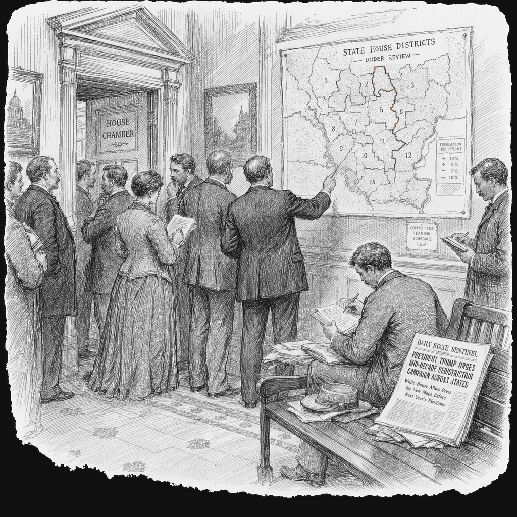 Illustration accompanying article: Trump's redistricting push reaches a crossroads as new legislative sessions