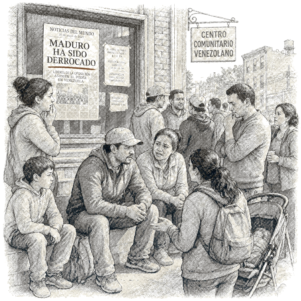 Illustration accompanying article: Venezuelan migrants welcome Maduro's ouster but fear US deportation
