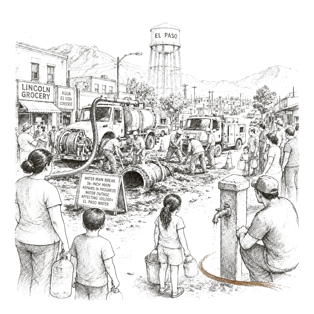 Illustration accompanying article: Water main break leaves more than 100,000 El Paso residents without service