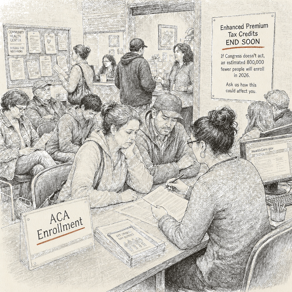Illustration accompanying article: ACA enrollment falls by 800,000 as enhanced subsidies expire