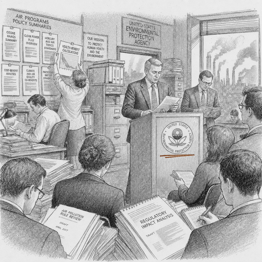 Illustration accompanying article: EPA drops health-benefit calculations from air pollution rules under Trump