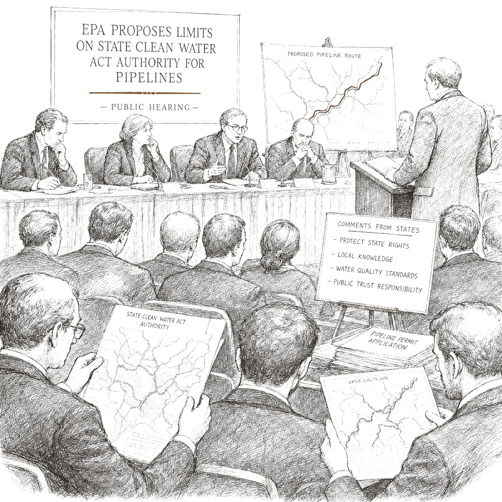 Illustration accompanying article: EPA proposes limits on state Clean Water Act authority for pipelines and