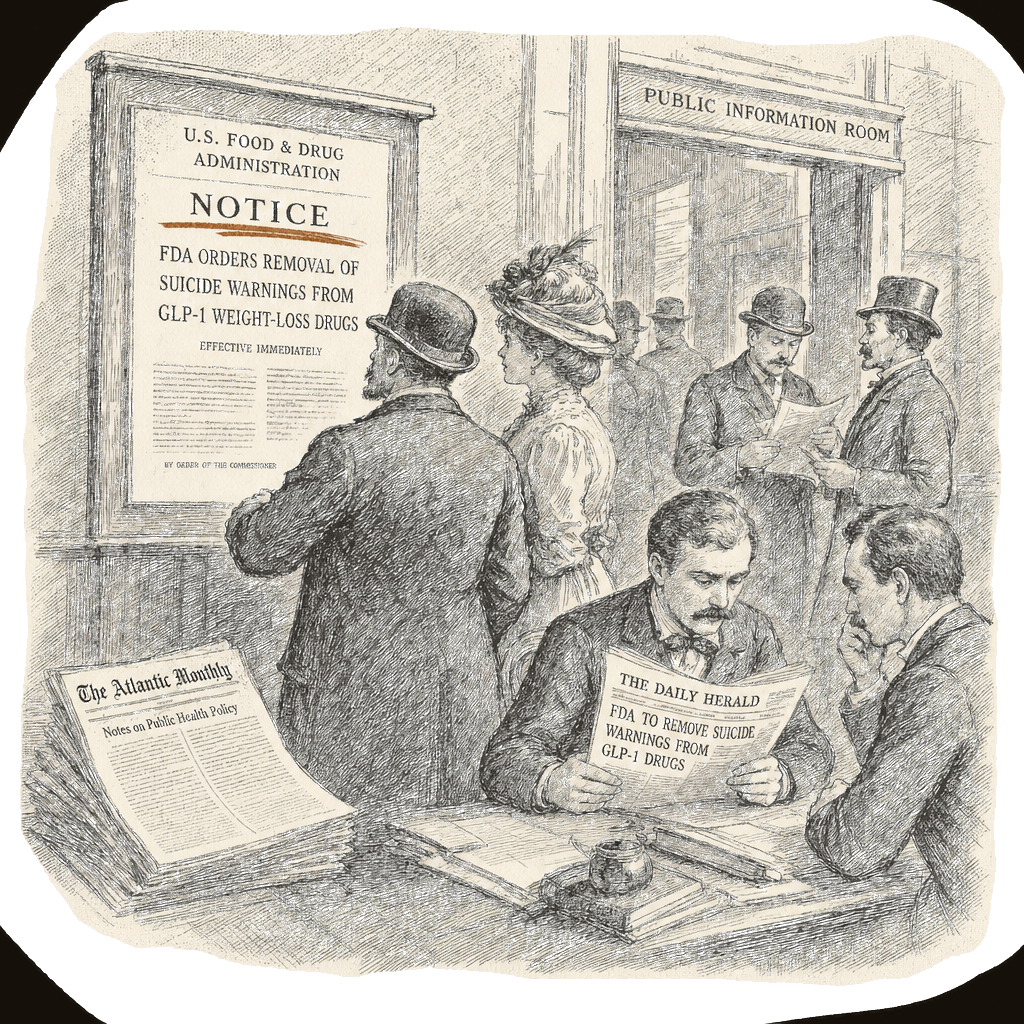 Illustration accompanying article: FDA orders removal of suicide warnings from GLP-1 weight-loss drugs