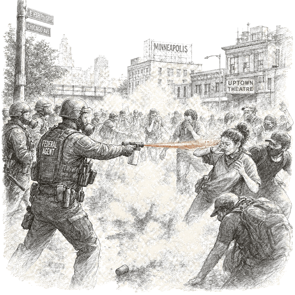 Illustration accompanying article: Federal agents deploy tear gas in Minneapolis as five prosecutors resign