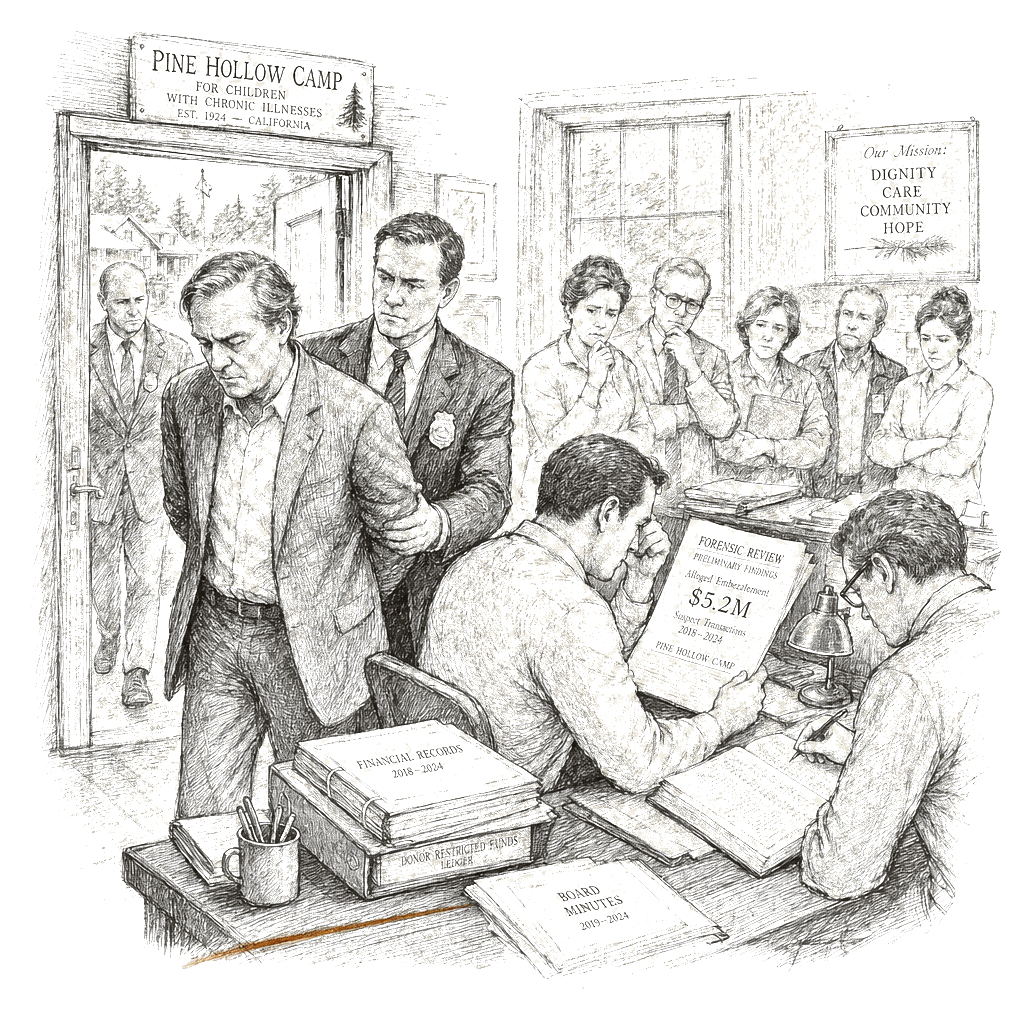 Illustration accompanying article: Former CEO charged with embezzling $5.2M from Paul Newman's camp for ill