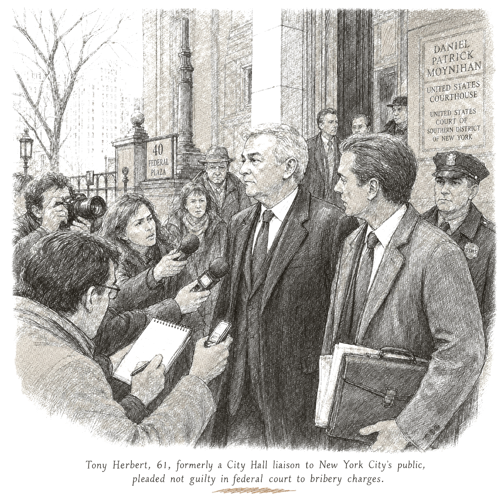 Illustration accompanying article: Former NYC official pleads not guilty to federal bribery charges