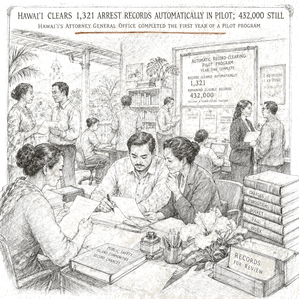 Illustration accompanying article: Hawai'i clears 1,321 arrest records automatically in pilot; 432,000 still