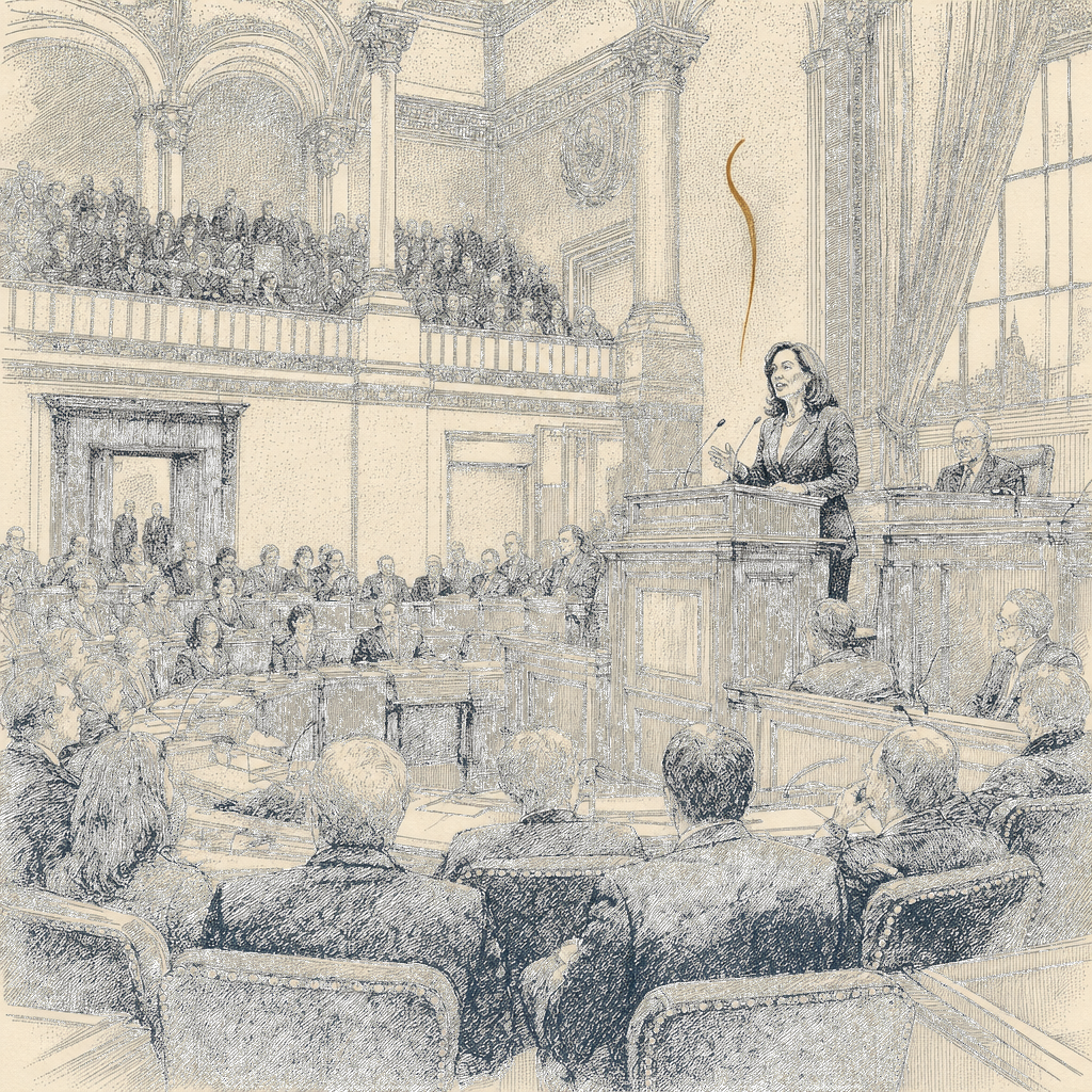 Illustration accompanying article: Hochul's State of the State pitches affordability agenda to unite divided