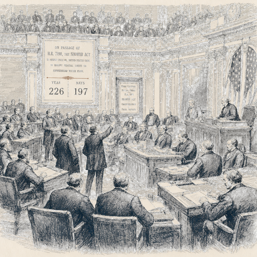 Illustration accompanying article: House passes Shower ACT loosening federal showerhead water limits, 226-197