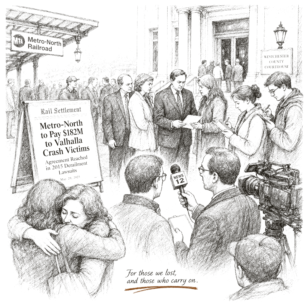 Illustration accompanying article: Metro-North reaches $182M settlement with victims of 2015 Valhalla train