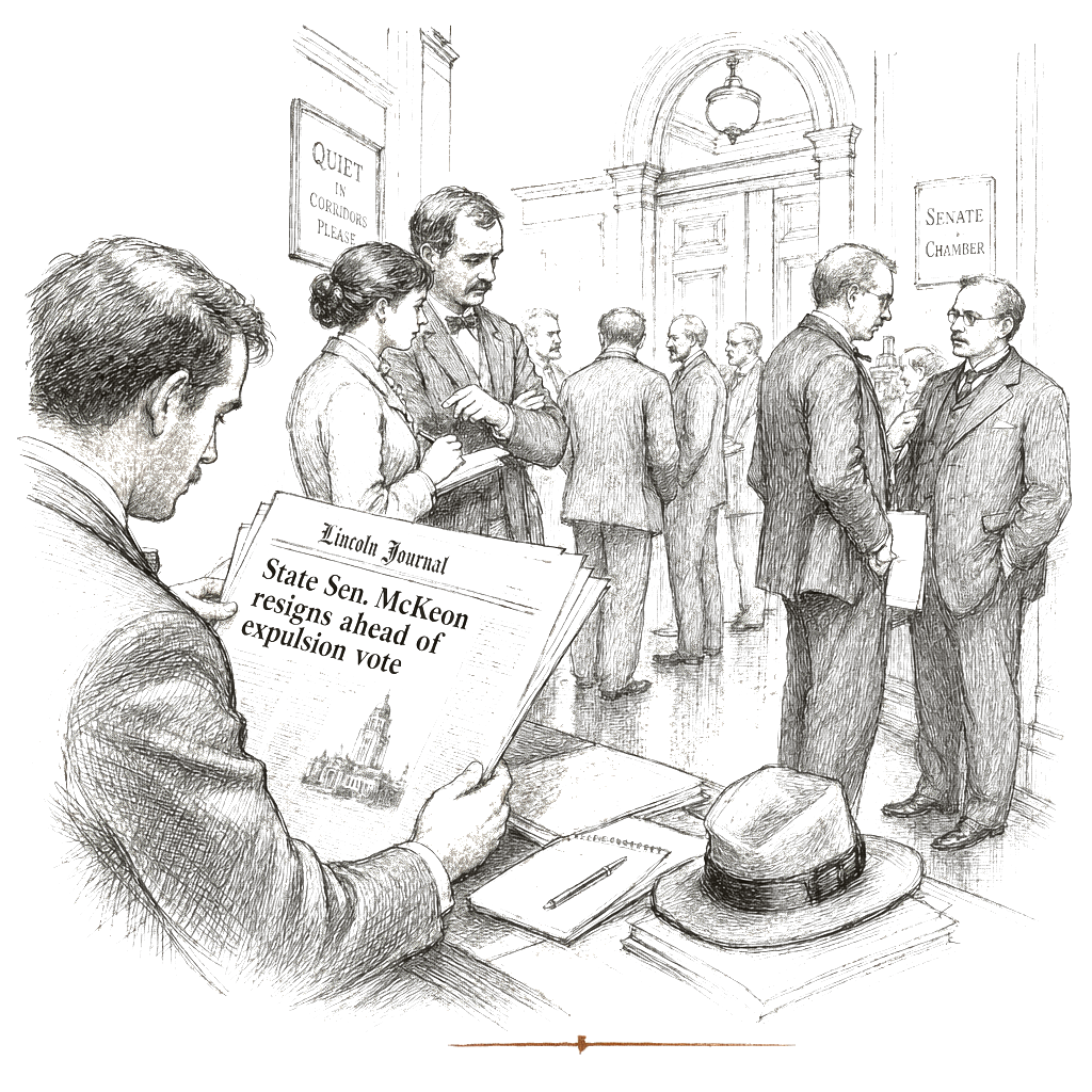 Illustration accompanying article: Nebraska Sen. McKeon resigns ahead of expulsion vote over harassment allegations
