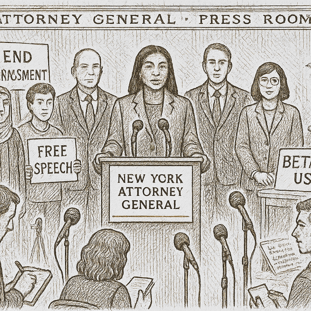 Illustration accompanying article: New York AG settles with Betar US over harassment of pro-Palestinian activists