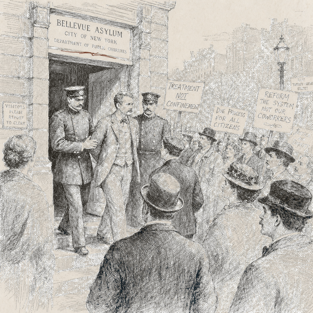 Illustration accompanying article: NYC Council employee arrested at asylum check-in, sparking protests and