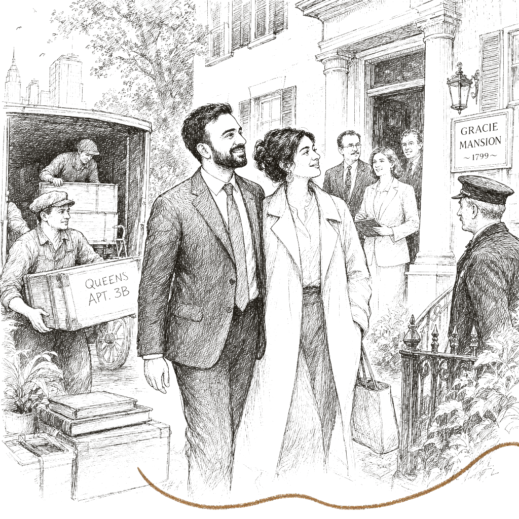 Illustration accompanying article: NYC Mayor Mamdani moves into Gracie Mansion, leaving Queens apartment behind